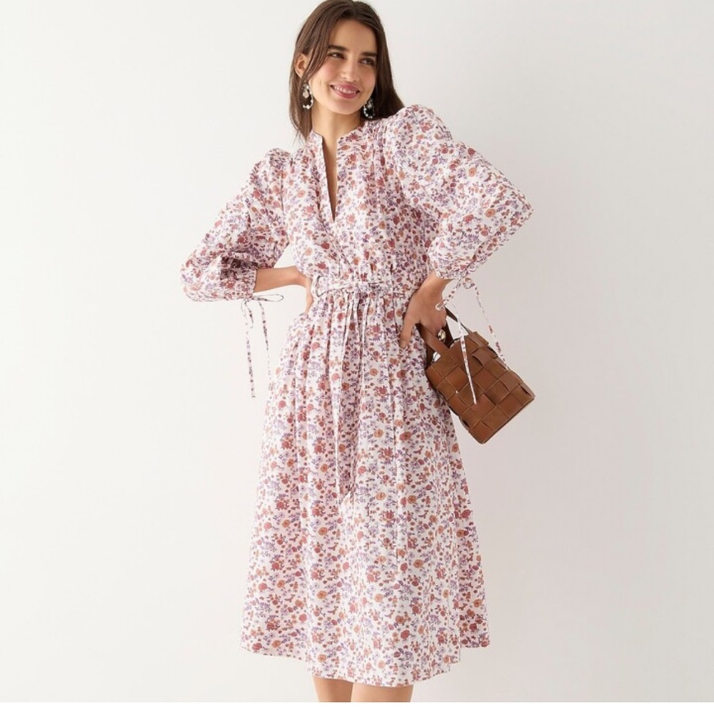 J.Crew cotton poplin V neck floral tie waist dress with pockets sz L